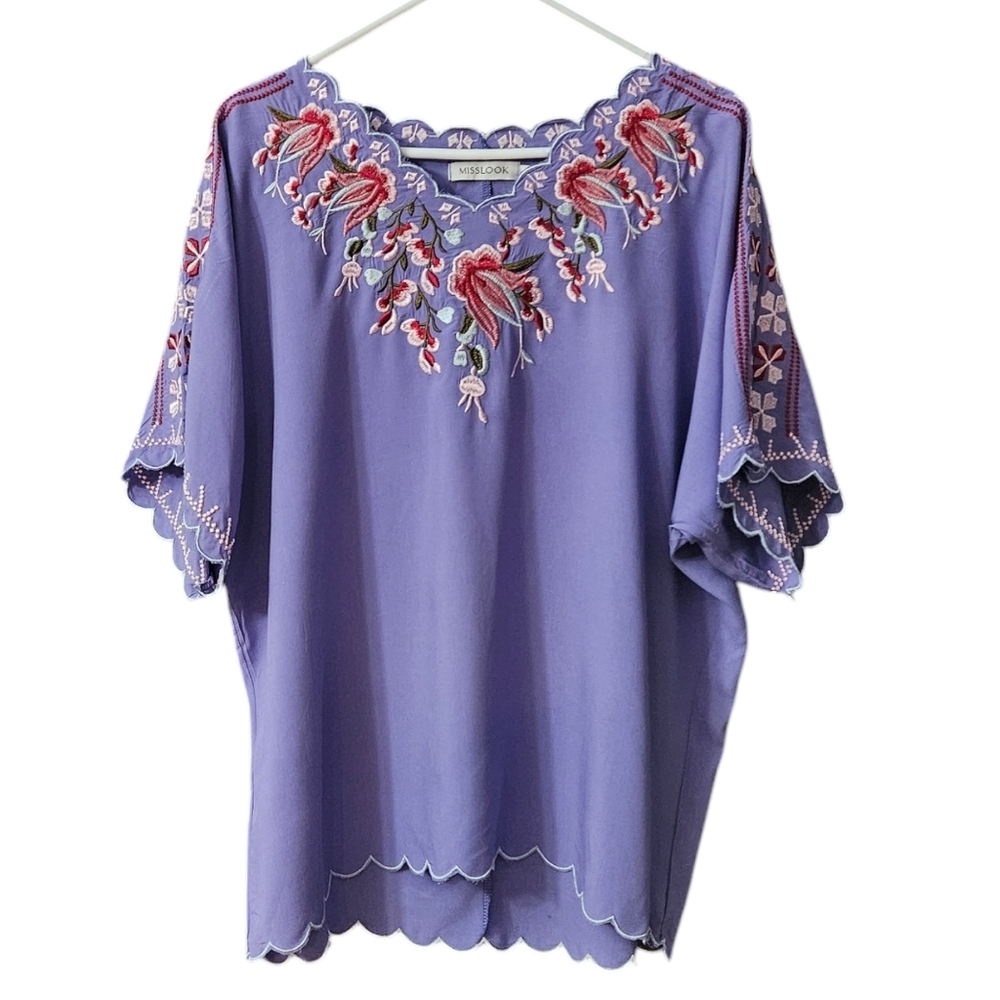 Misslook Women's Embroidered Blouse Top Large Peasant Boho